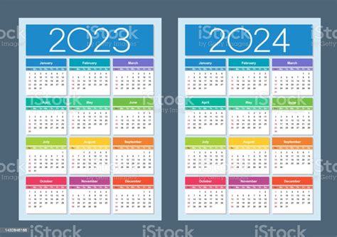 Colorful Calendar For 2023 2024 Years Week Starts On Sunday Vertical