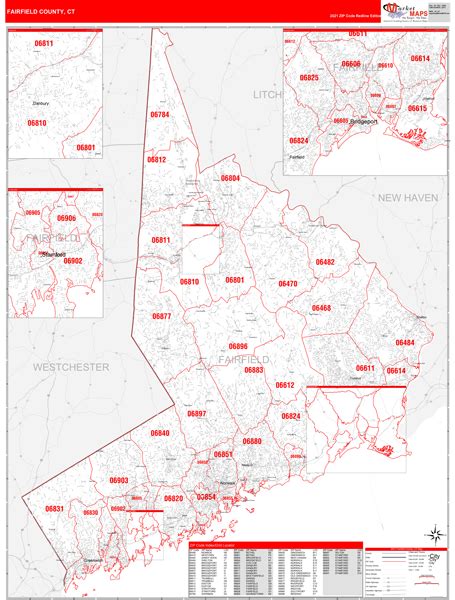 Fairfield County Ct Zip Code Wall Map Red Line Style By