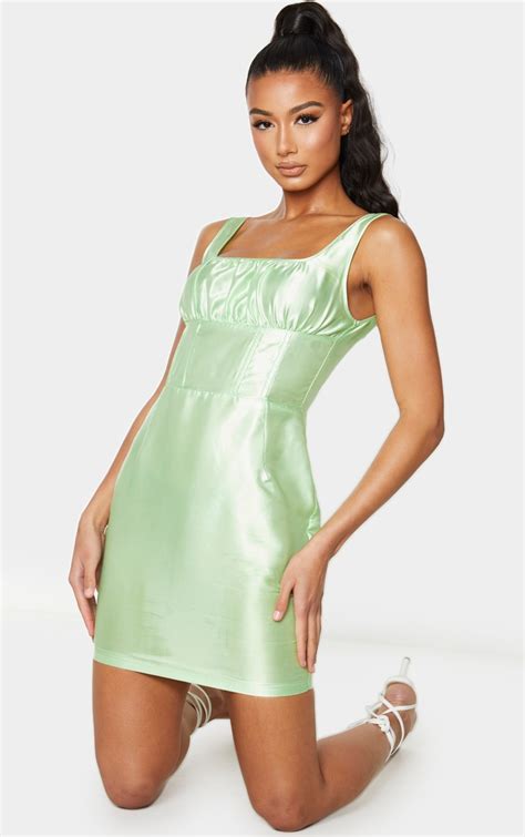 Green Satin Ruched Bust Bodycon Dress Prettylittlething Usa