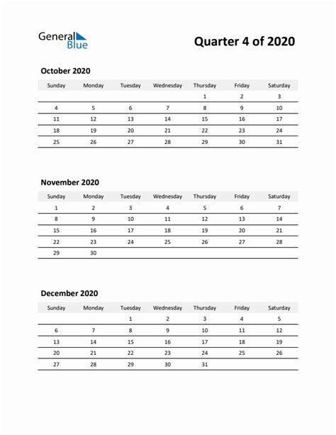 Q4 Quarterly Calendar 2020 In Pdf Word Excel