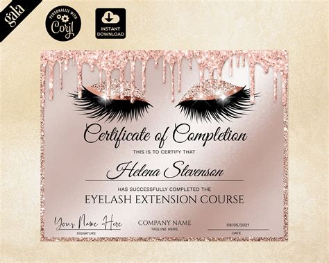 Certificate Of Completion Lashes Certificate Template Rose Etsy