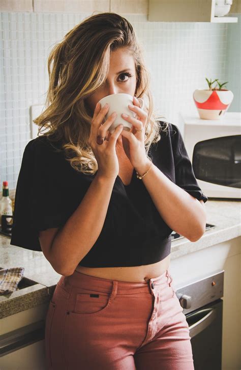 People Woman Girl Sexy Drinking Coffee Kitchen House Indoor