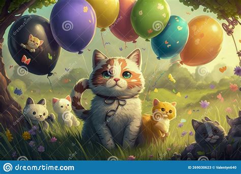 Painting Of Cat Surrounded By Kittens And Balloons Generative Ai Stock