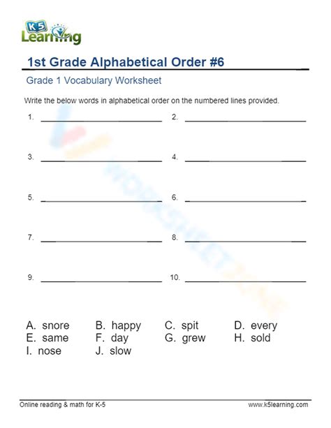 Grade 1 Alphabetical Order Write 6 Worksheet