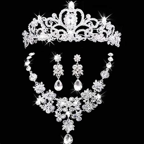 Bridal Jewelry Crown Necklace And Earring Set Tiara Rhinestone Wedding