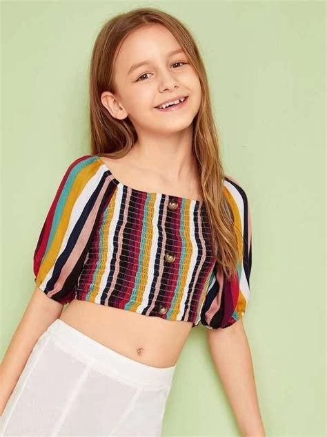 Girls Buttoned Front Shirred Colorful Striped Top In 2020 Girls Fashion Clothes Girls Blouse