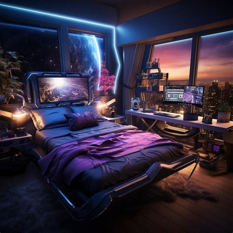 Premium Ai Image A Futuristic Room With A Bed For Two A Gaming