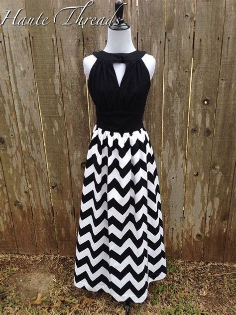 Handmade Womens Black And White Chevron Maxi Dress With Cutout Bodice