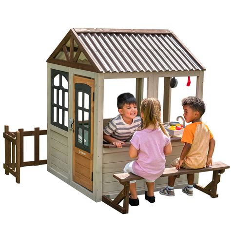 Pioneer Cottage Wooden Outdoor Playhouse With Doorbell And 13 Pieces