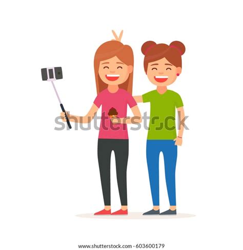 Girls Take Selfies Selfiestick Man Making Stock Vector Royalty Free 603600179 Shutterstock