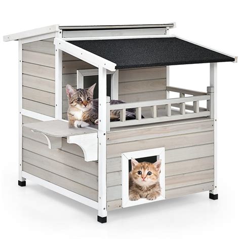 Tangkula Outdoor Cat House Wooden 2 Story Outside Cat Shelter Condo