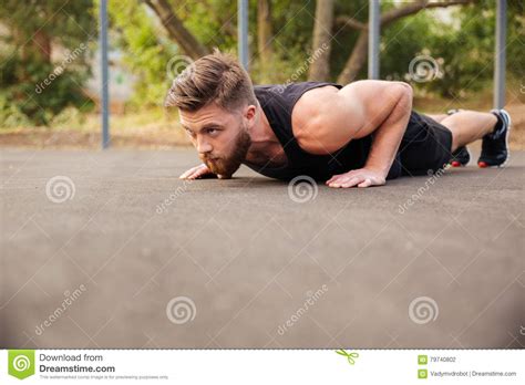 Handsome Bearded Sportsman Doing Push Ups Outdoors Stock Photo Image