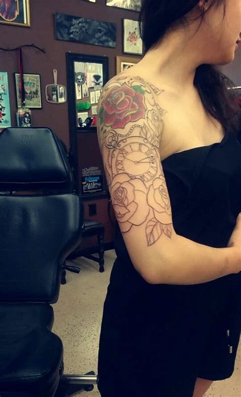 Half Sleeve Pocket Watch And Roses But No Color Just