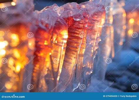 Icicles in the Ice Cave, Close-up Macro Photo. Generated AI Stock