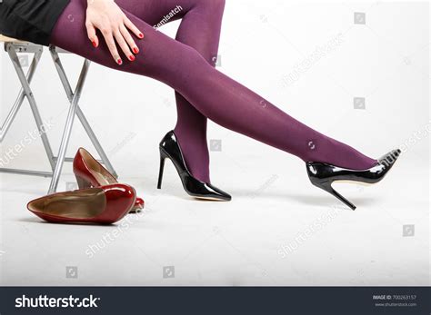Womans Legs Wearing Pantyhose High Heels Stock Photo