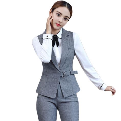 2 Piece Set Elegant Pant Suit Size S 4xl Waistcoat Belt Gray Vest Women
