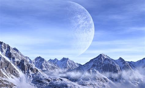 Planets Mountains Snow White Sky Space Clouds Imagination Fantasy