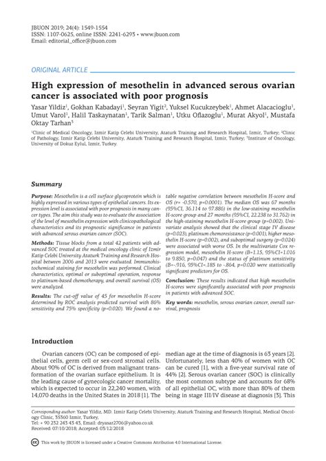 Pdf High Expression Of Mesothelin In Advanced Serous Ovarian Cancer