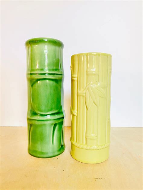 Pair Of Vintage Mid Century Green Bamboo Ceramic Vases Etsy