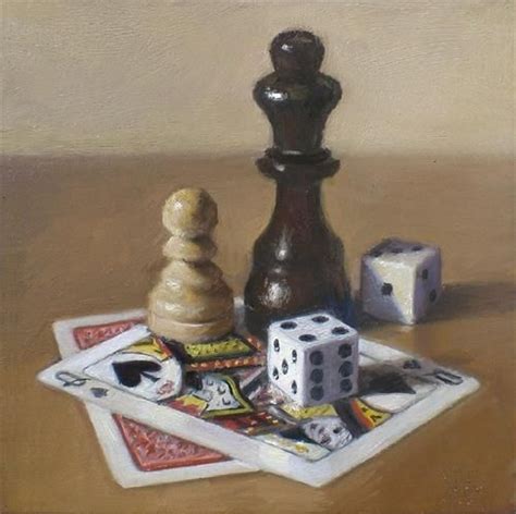 A Painting Of A Chess Set And Two Dices