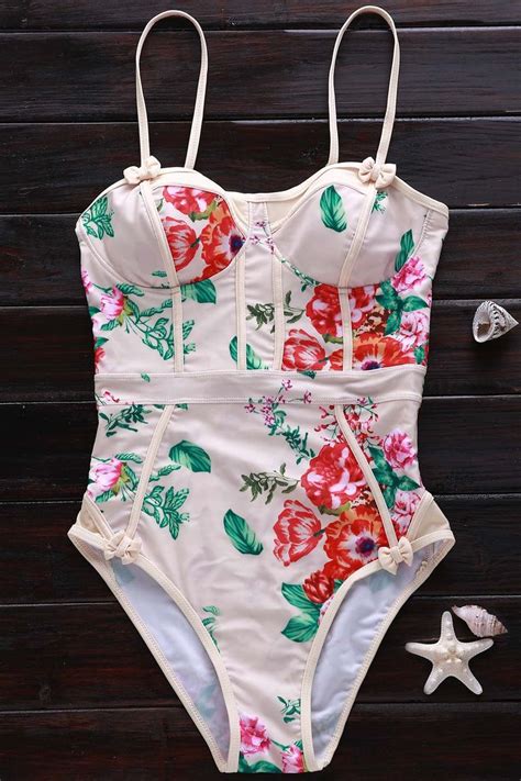 Spaghetti Strap Floral One Piece Swimwear Khaki One Piece Swimwear Cute One Piece Swimsuits