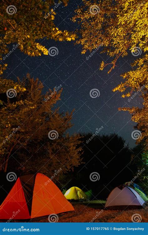 Tourists Tent Camp Under Amazing Starry Night Sky With Milky Way And