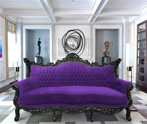 baroque rococo 3 seater purple velvet and black wood baroque furniture rococo sofa black wood