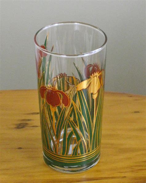 Vintage Set Of Six Drinking Glasses Red Gold Iris Flower Etsy