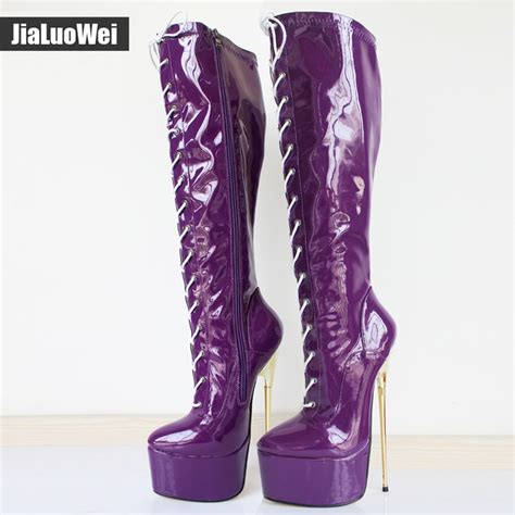 jialuowei 22cm ultra high heel gold metal heels pu leather lace up knee high platform women sexy