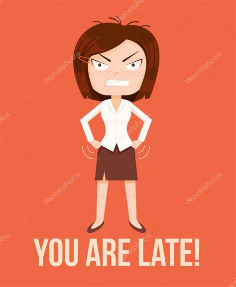 Angry Woman Boss Character Lateness Concept Vector Flat Cartoon