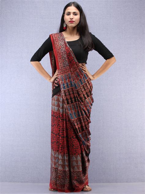 Ajrakh Hand Block Printed Modal Silk Saree At Indubindu