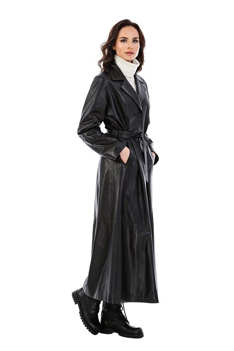 Alisa Womens 100 Real Black Leather Trench Coat