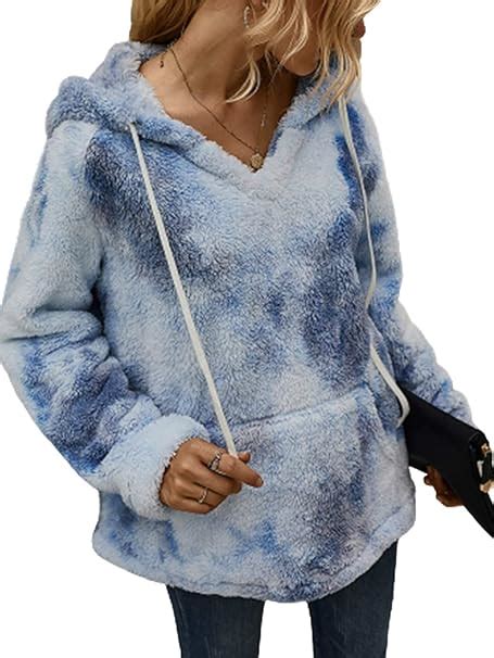 Womens Tie Dye Sherpa Hoody Sweatshirt Oversized Fuzzy Fleece V Neck