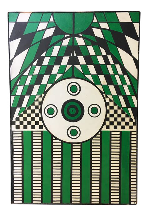 Mid Century Abstract Painting Geometric Patterns In Green Soyut