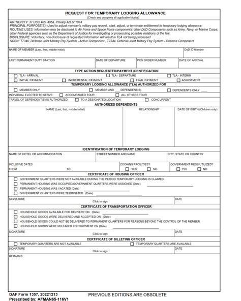 Daf Form 1357 Request For Temporary Lodging Allowance Finder Doc