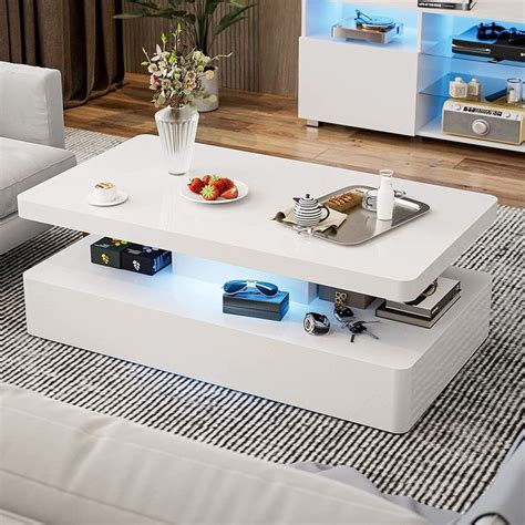 Ikifly Modern High Glossy White Coffee Table With 16 Colors Led Lights