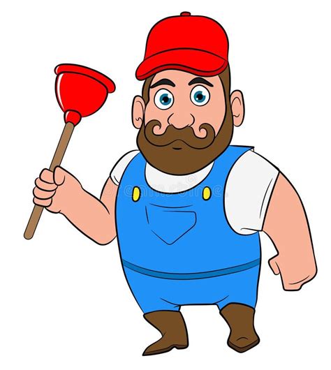 Plumber Holding Plunger Cartoon Character Working Stock Vector