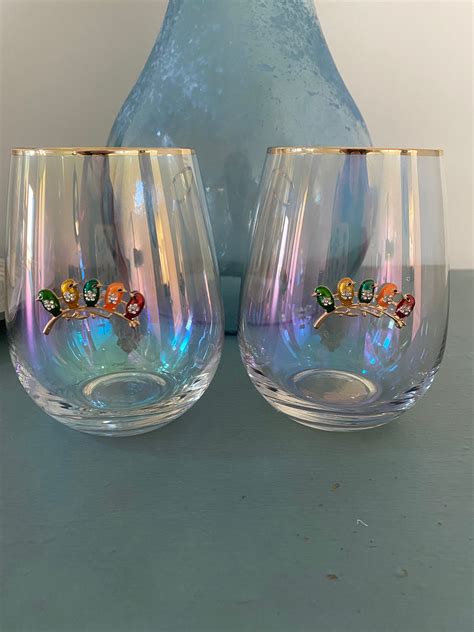Set Of 2 Stemless Iridescent Wine Glasses With Gold Rim And Etsy