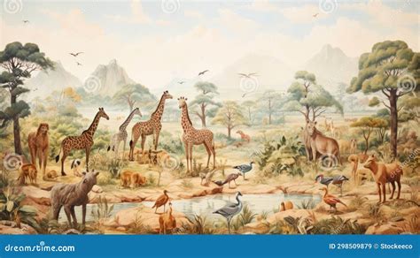 Dreamy Panoramic Painting Of Giraffes Hippos And Wildlife In Mid