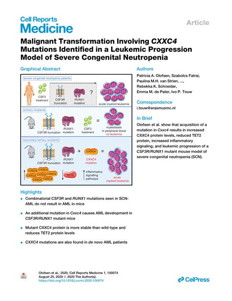 Pdf Malignant Transformation Involving Cxxc4 Mutations Identified In