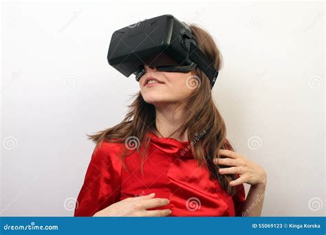 Sexy Mysterious Woman In A Red Dress Wearing Oculus Rift Vr Virtual Reality 3d Headset