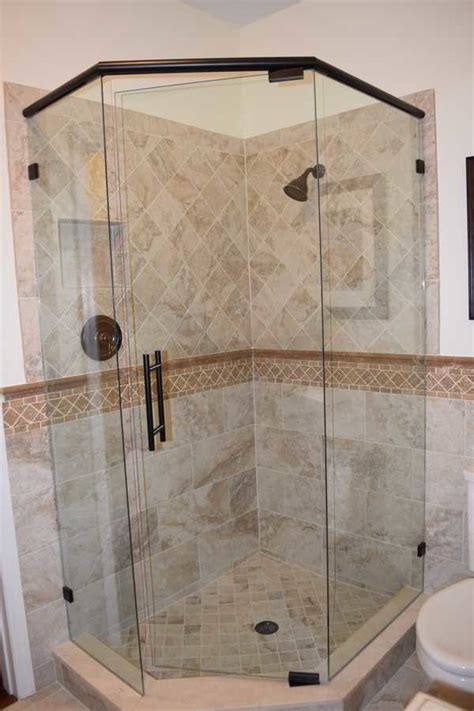 Corner Shower With Porcelain Field Tile And Travertine Trim