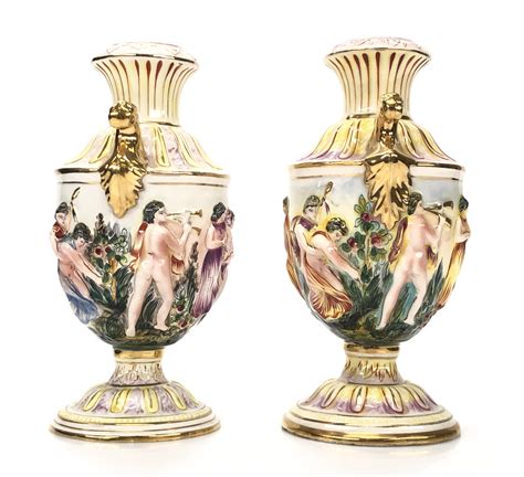 Lot 2PC CAPODIMONTE NUDE RELIEF SCROLL HANDLE URNS