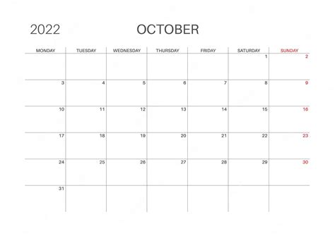 Premium Vector Calendar 2022 October Month Monday Week Start