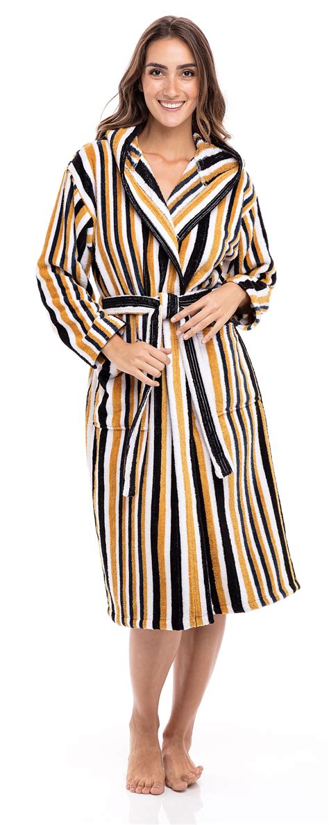 Women’s Luxury Terry Cotton Hooded Bathrobe Spa Robe Bath Robes Stripes Mustard Xl