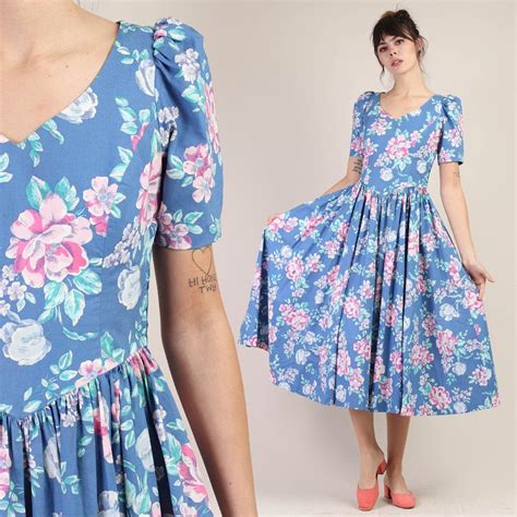 80s Laura Ashley Periwinkle Floral Dress Blue Floral Midi Dress