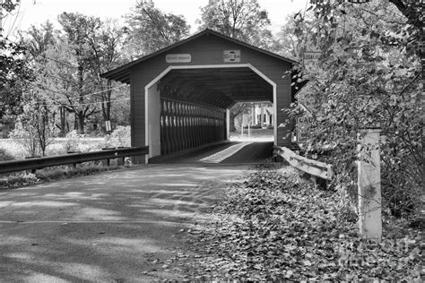 Fall Foliage At The Henry Covered Bridge Black And White Photograph By
