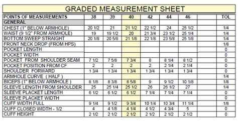 Graded Measurement Sheet For Full Sleeve Shirt Trim Fit Note There