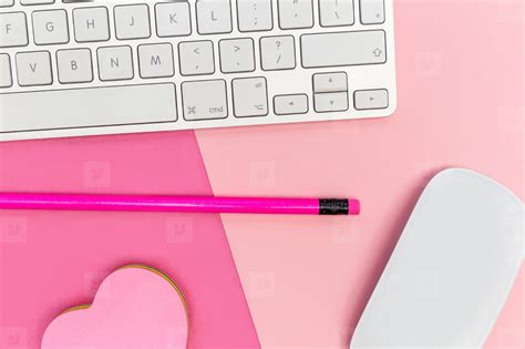 Computer Keyboard On Pink Background Minimal Workspace Concept Stock