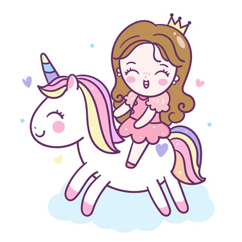 Cute Unicorn Cartoon And Little Princess Cartoon Friendship On Cloud